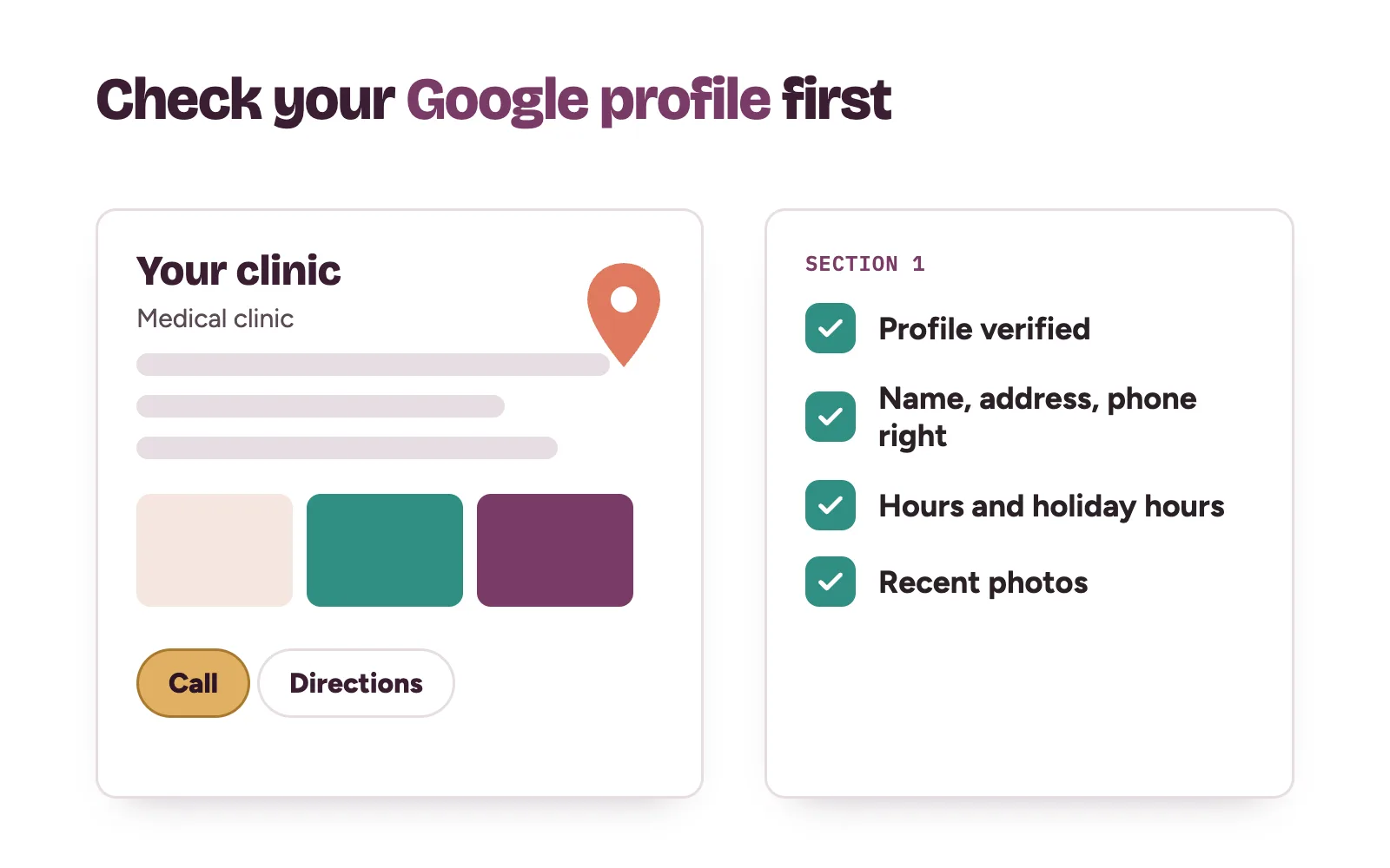 Clinic growth audit checklist for a Google Business Profile: verified, correct details, hours and photos