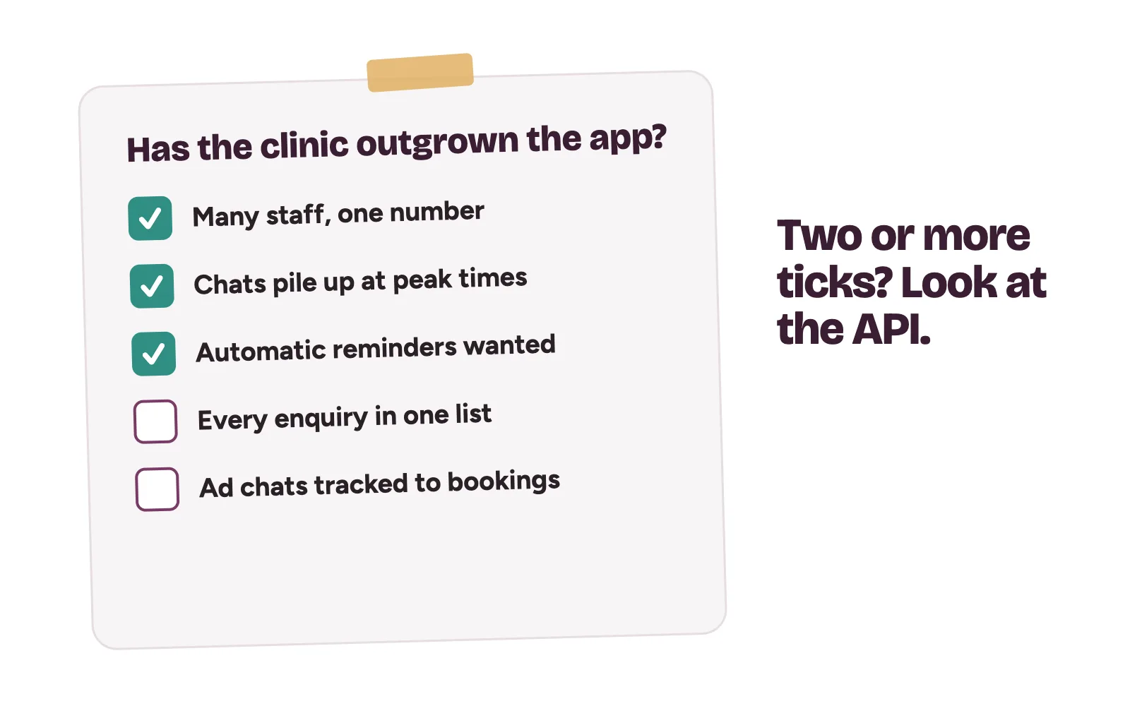 Clinic manager’s checklist of signs a practice needs the WhatsApp Business API: shared number, peak-time pile-ups, automatic reminders