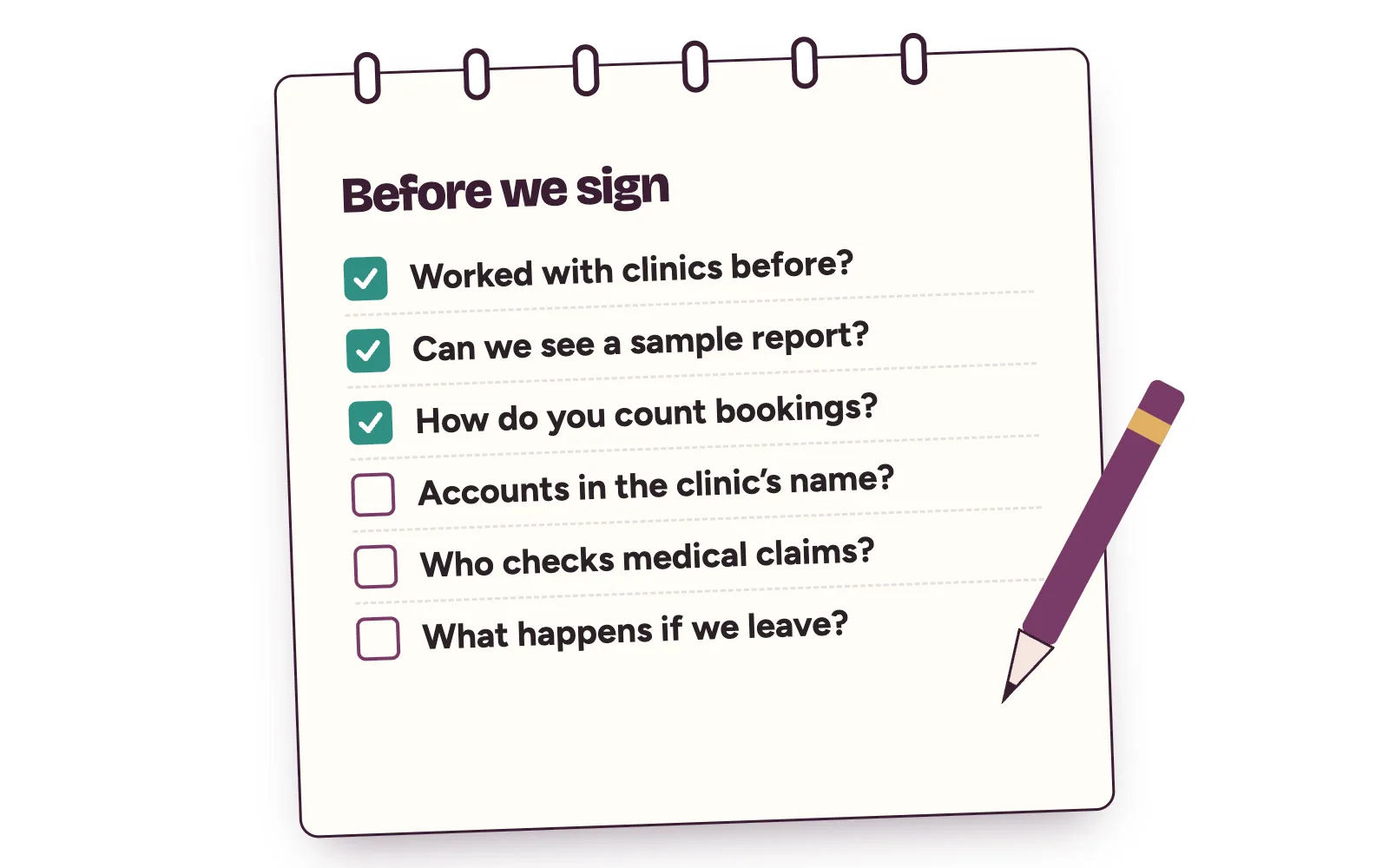 Clinic manager's notepad with six questions to ask a marketing agency before signing, three ticked
