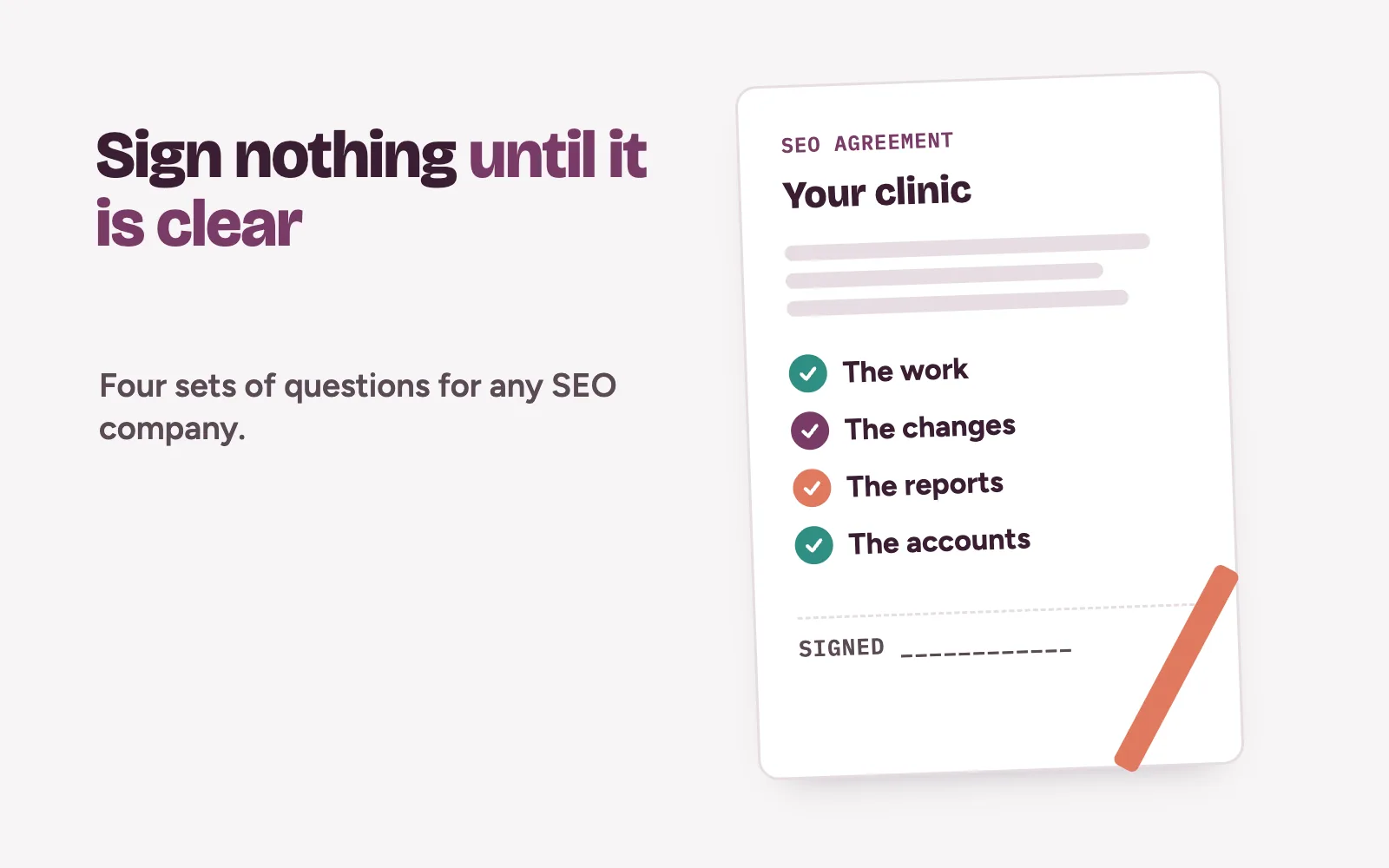 Clinic owner choosing an SEO company in Nigeria, with a checklist of questions beside a contract