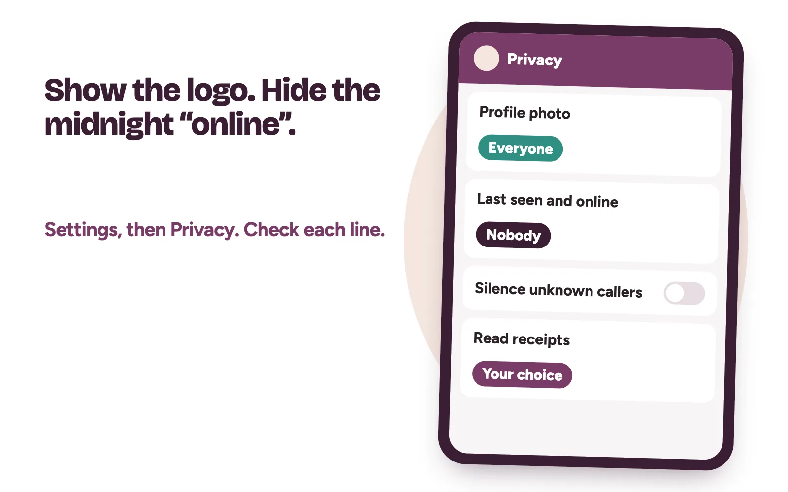 Clinic phone privacy settings with profile photo set to everyone, last seen set to nobody and unknown callers allowed