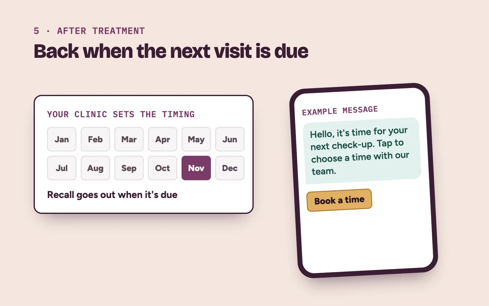Clinic recall message reaching a past patient months later, inviting them to book their next visit