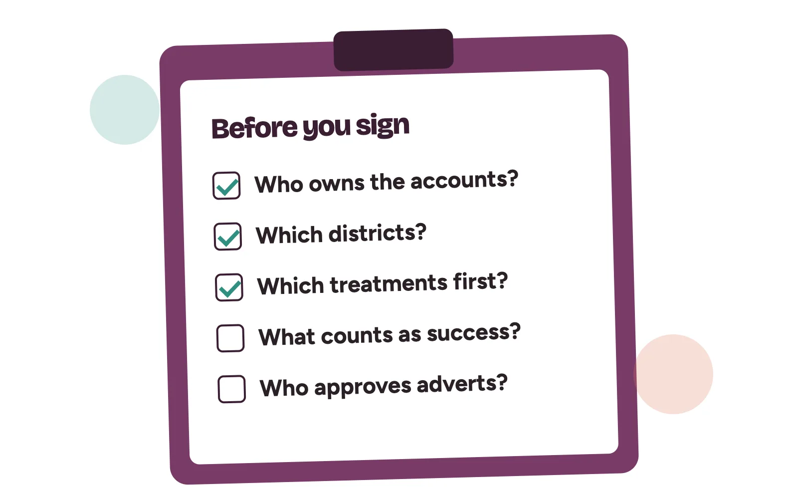 Clipboard with questions to ask an agency: who owns the accounts, which districts, what counts as success