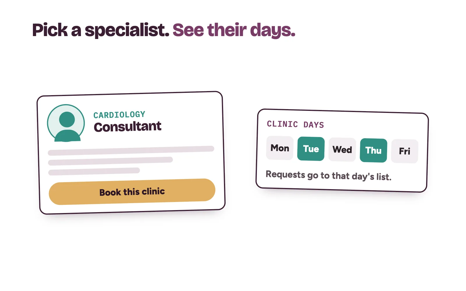 Consultant profile on a private hospital website showing specialty, clinic days and a button to book that clinic