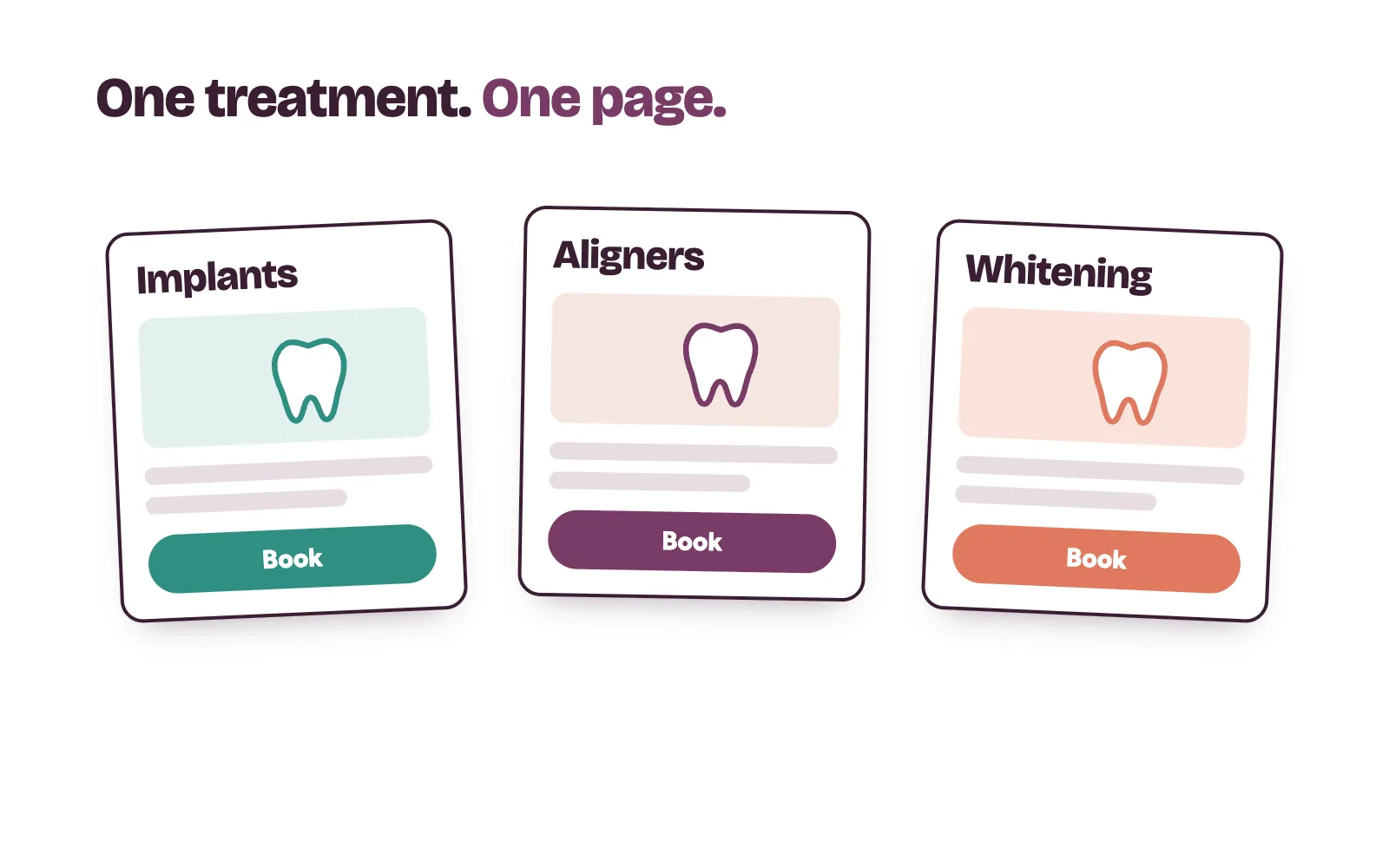 Dental clinic website treatment pages for implants, aligners and whitening, each ending with a book consultation button