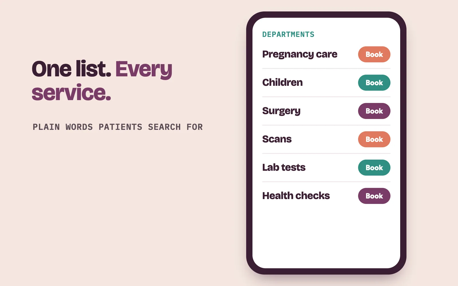 Departments page on a phone listing maternity, paediatrics and surgery, each with its own book button