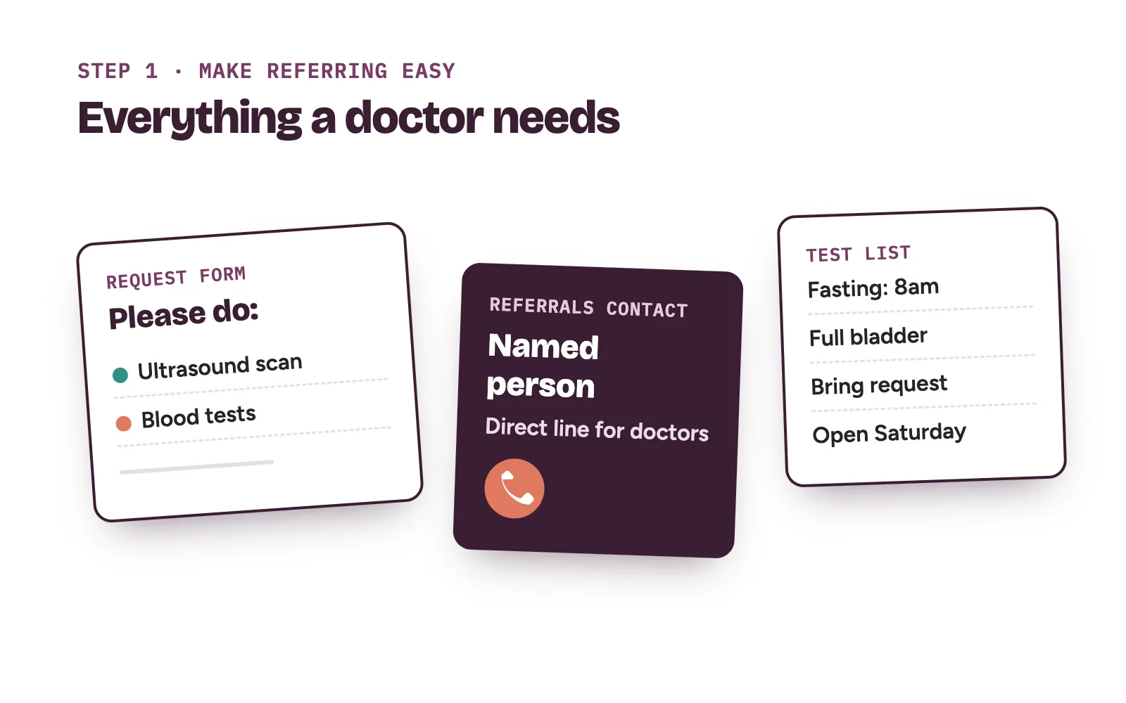 Diagnostic centre referrals made easy: a doctor's request pad, a named contact card and a one-page test list on a clinic desk