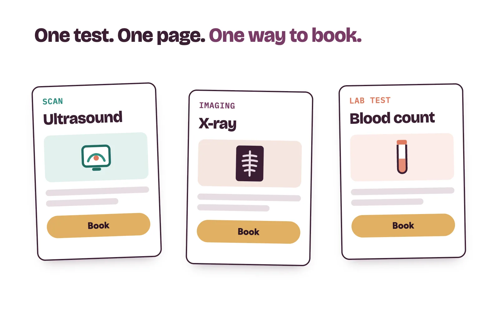 Diagnostic centre website test pages for ultrasound, X-ray and blood tests, each ending with a book button