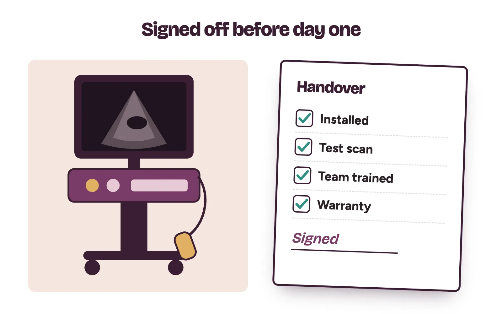 Engineer handing over an installed ultrasound machine with a signed service and training sheet