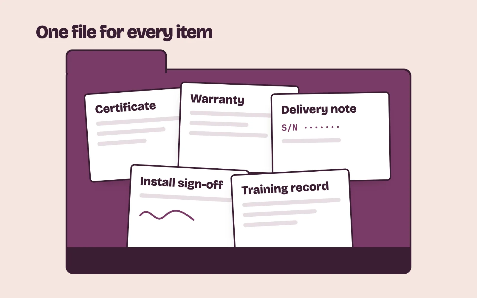 Folder of medical equipment documents: certificate, warranty, delivery note, installation sign-off and training record