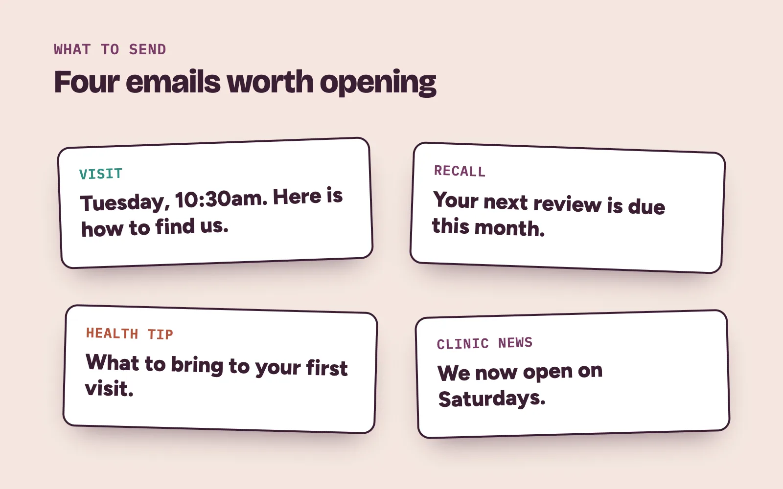 Four clinic emails patients open: visit details, recall note, health tip and clinic news