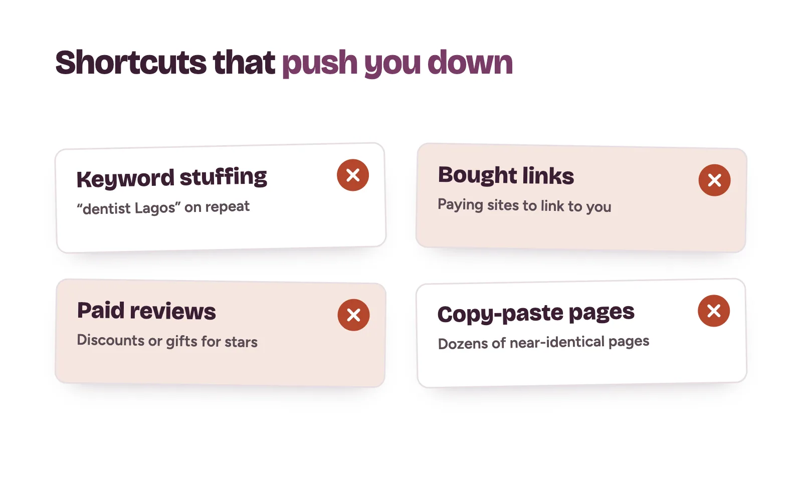 Four clinic SEO shortcuts to avoid: keyword stuffing, bought links, paid reviews and copy-paste pages
