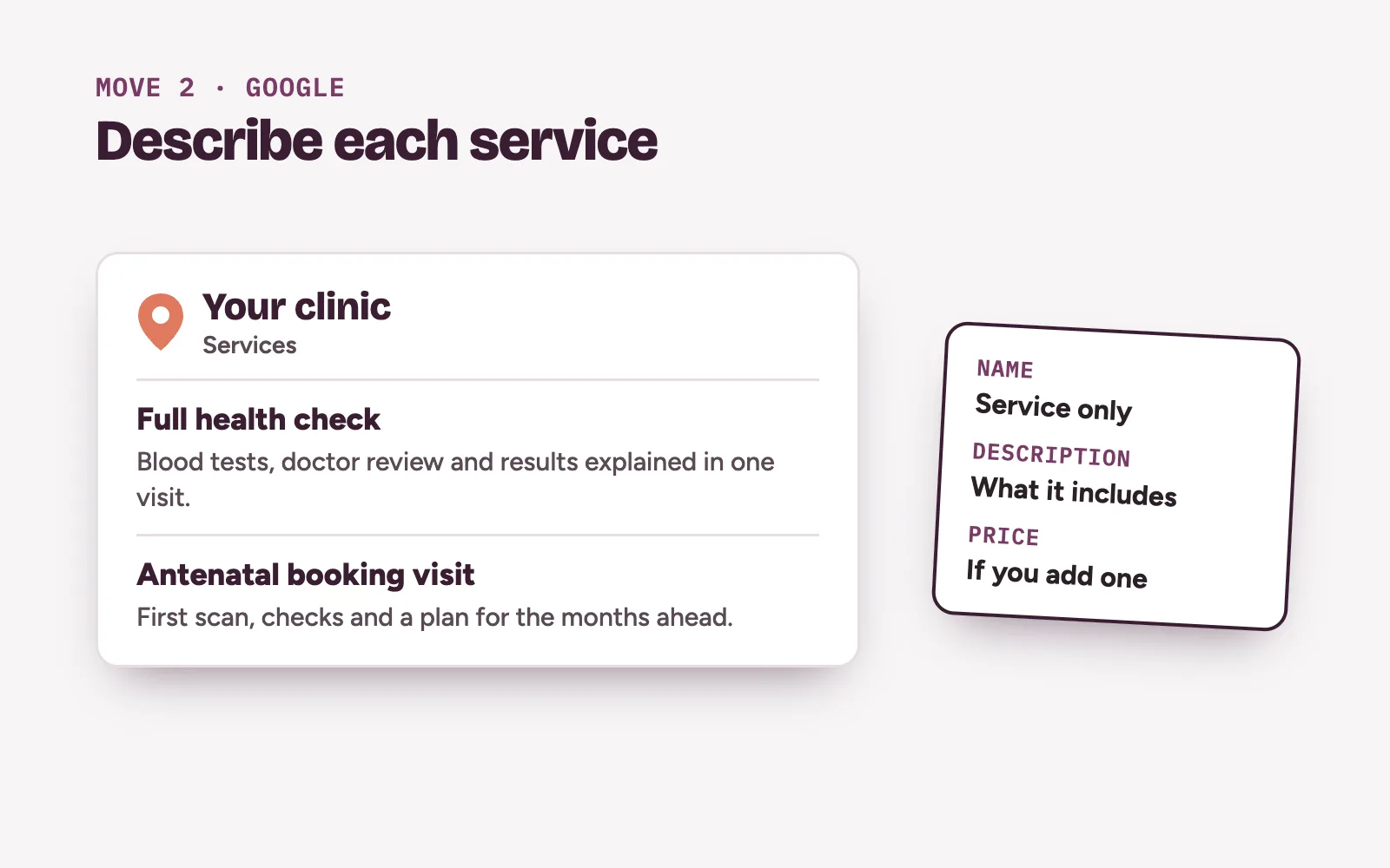 Google-style business profile showing a clinic service with a short description of what the visit includes