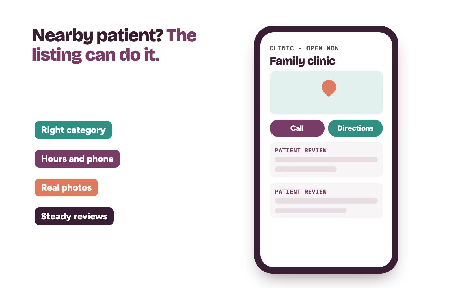 Google-style clinic listing on a phone with call, directions and reviews, enough for a nearby patient to book
