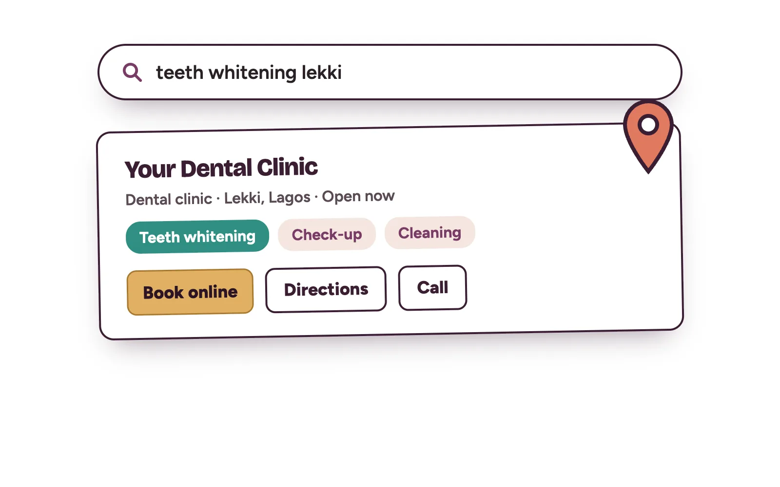 Google-style search result for teeth whitening in Lekki showing a dental clinic listing with a booking button