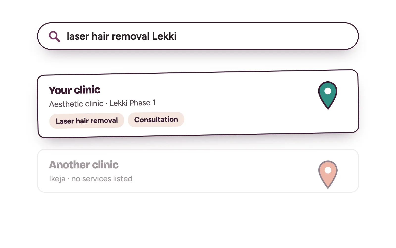 Google-style search results for laser hair removal in Lekki, with a clinic listing that shows a laser hair removal service