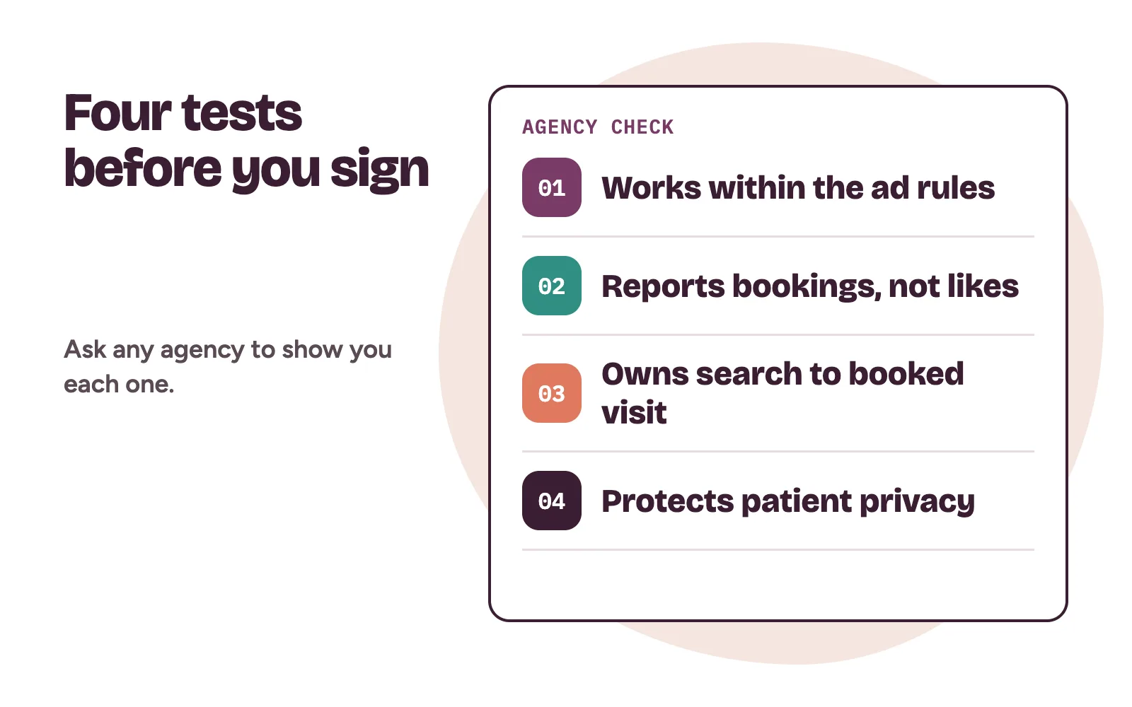 Healthcare marketing agency checklist: works within advertising rules, measures bookings, owns the path to a booked visit, protects patient privacy