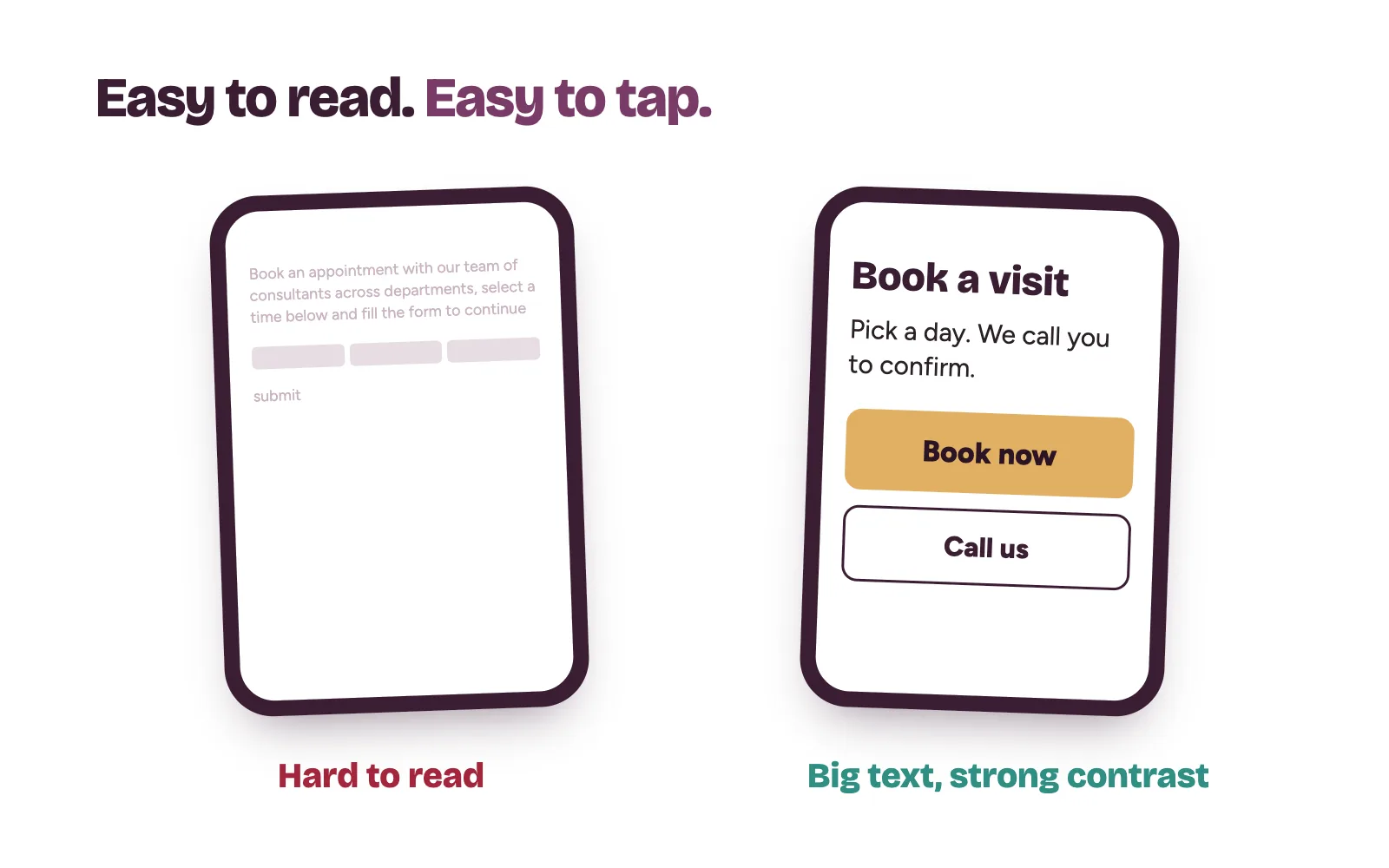 Hospital website design for older patients: large text, strong contrast and big buttons on a phone