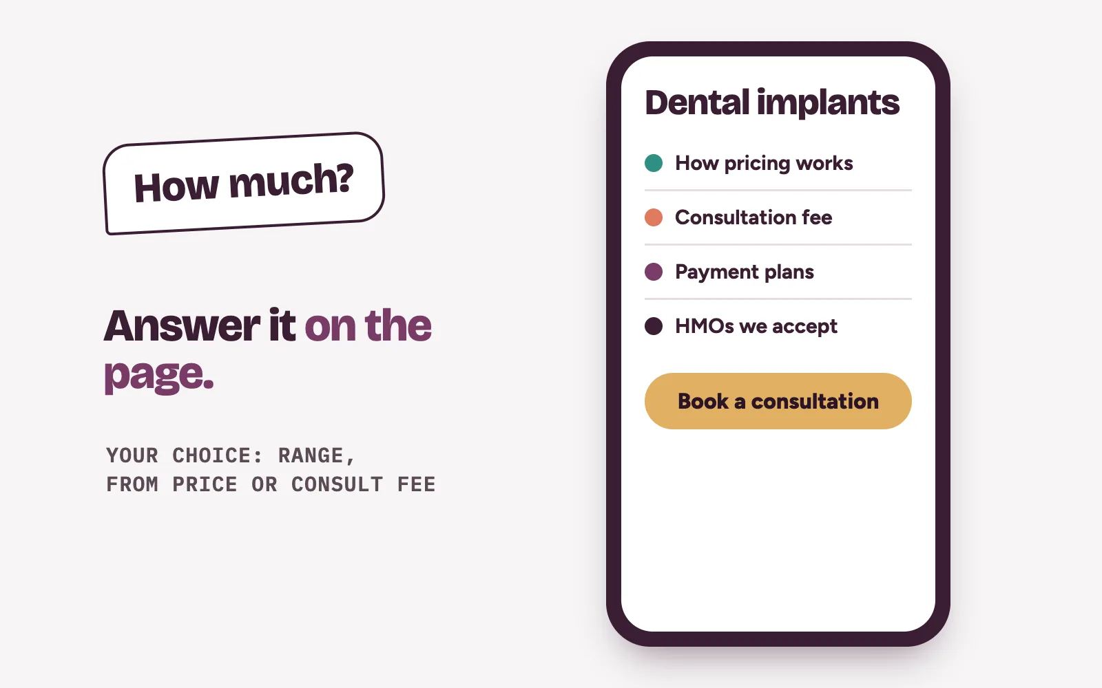 Implant page on a phone showing how pricing works, the consultation fee and an HMO list above a booking button