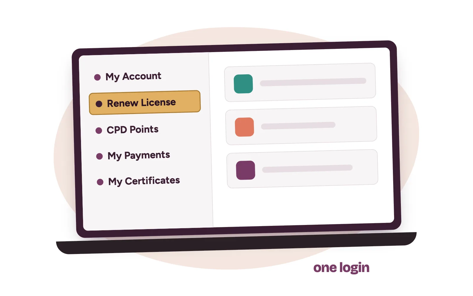 Laptop showing the MDCN portal dashboard with Renew License, CPD Points, My Payments and My Certificates on the menu