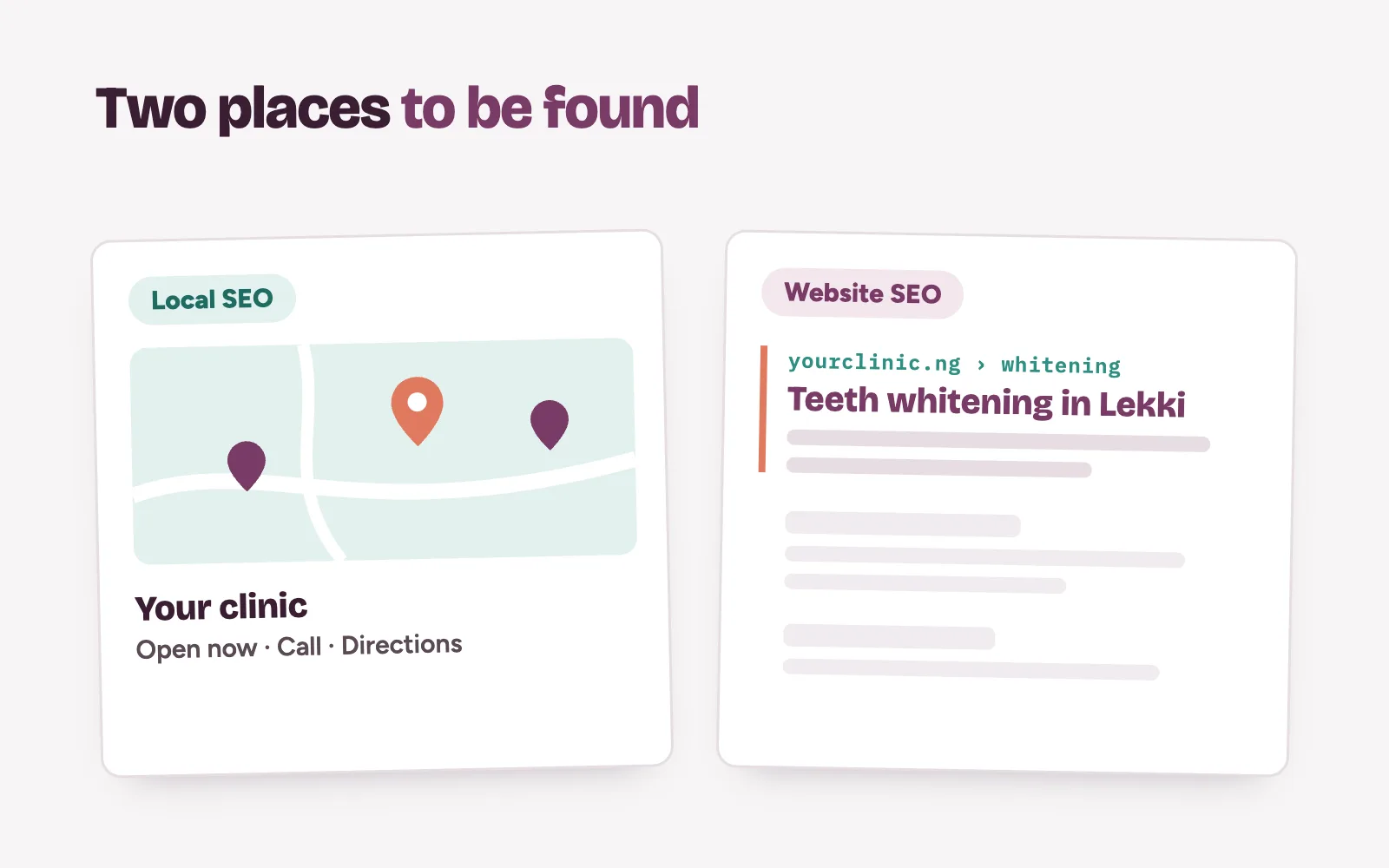 Local SEO map results beside website SEO search results for a clinic