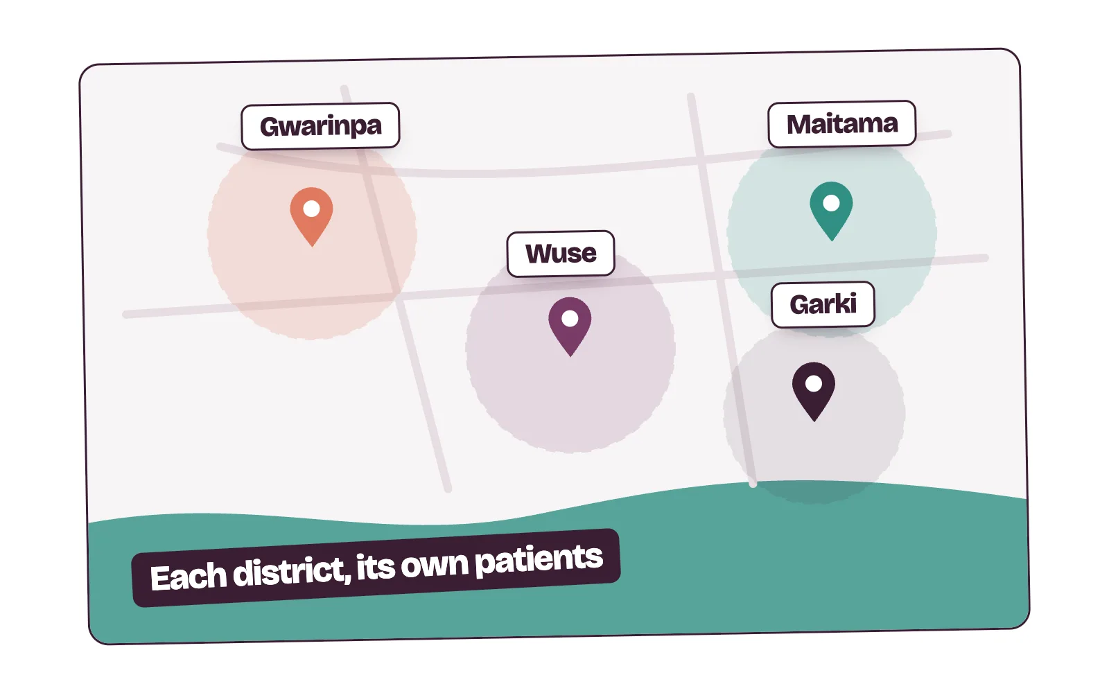 Map of Abuja with clinic pins in Maitama, Wuse, Garki and Gwarinpa, the districts a digital marketing agency in Abuja should plan around