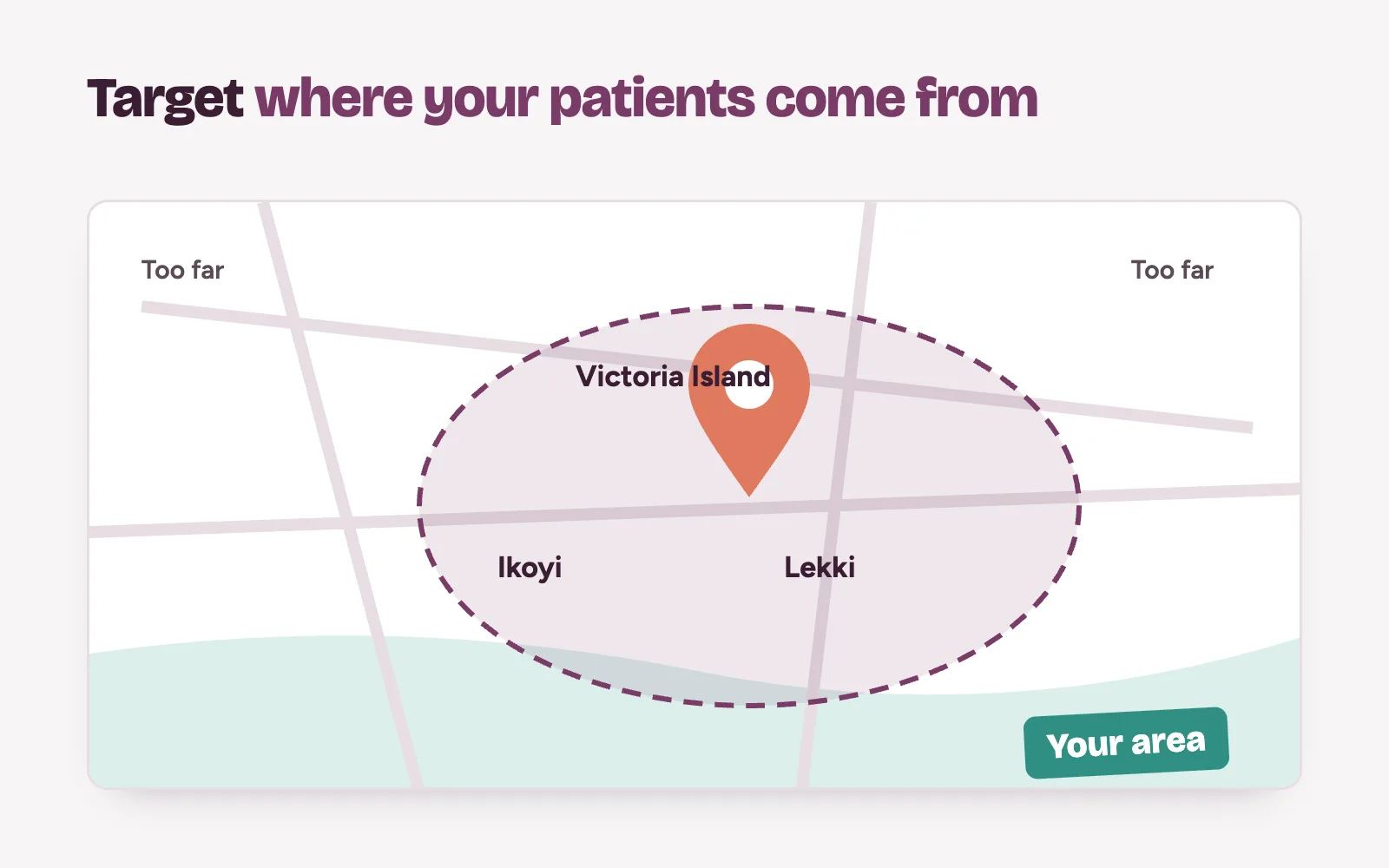 Map of Lagos with a clinic's Google Ads location targeting drawn around the areas its patients come from