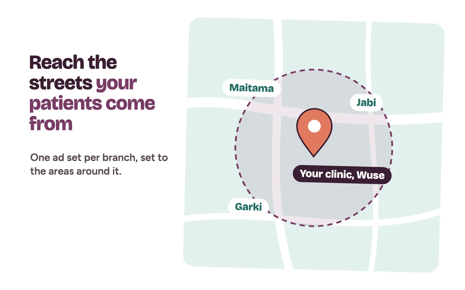 Map with a clinic pin and the surrounding areas its patients travel from, used as the Meta ad location