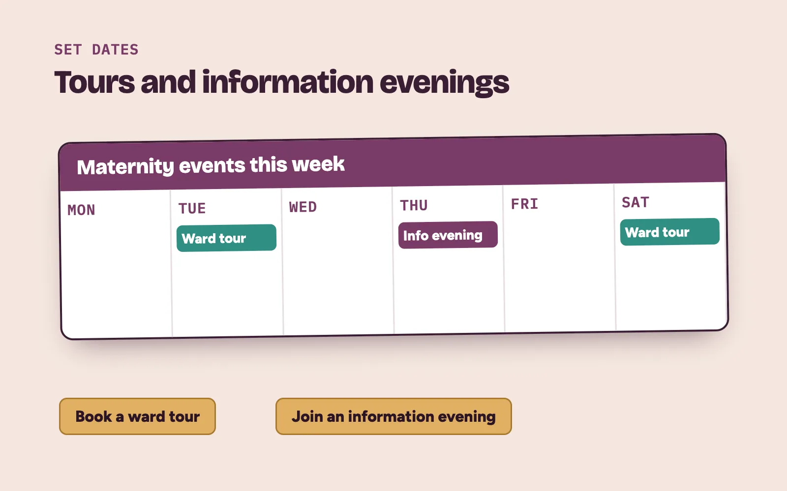 Maternity ward tour and information evening slots on a hospital calendar, each with a booking button