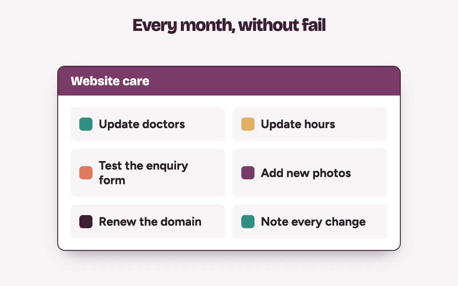 Monthly website care for a Lagos clinic: update doctors and hours, test the enquiry form, add new photos
