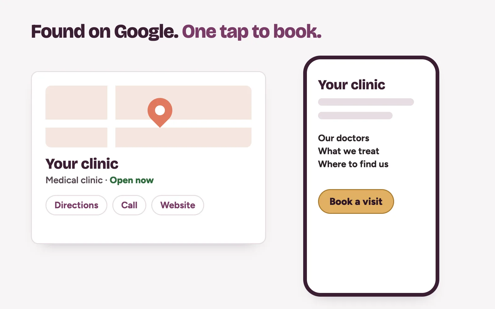 New clinic Google profile beside a phone showing the clinic website with a book a visit button