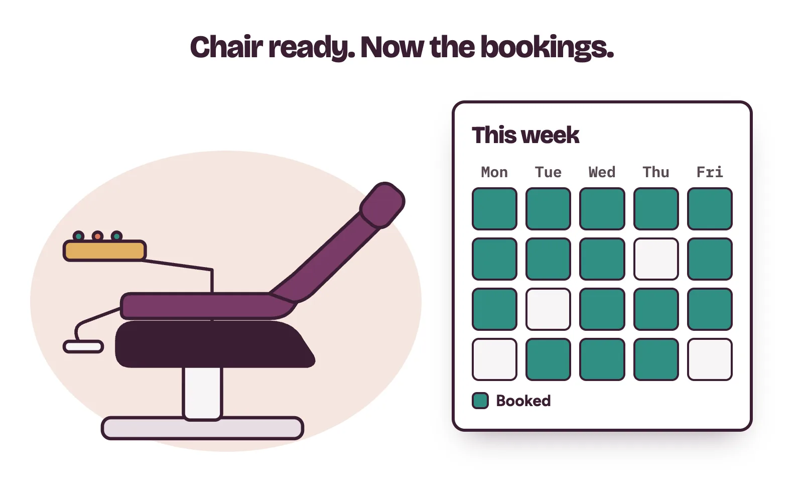 New dental chair in a clinic surgery with a week of patient bookings filling the calendar