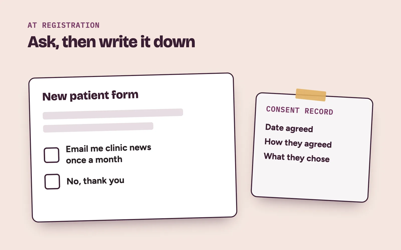 New patient form with an unticked box asking to receive clinic emails, next to a consent record