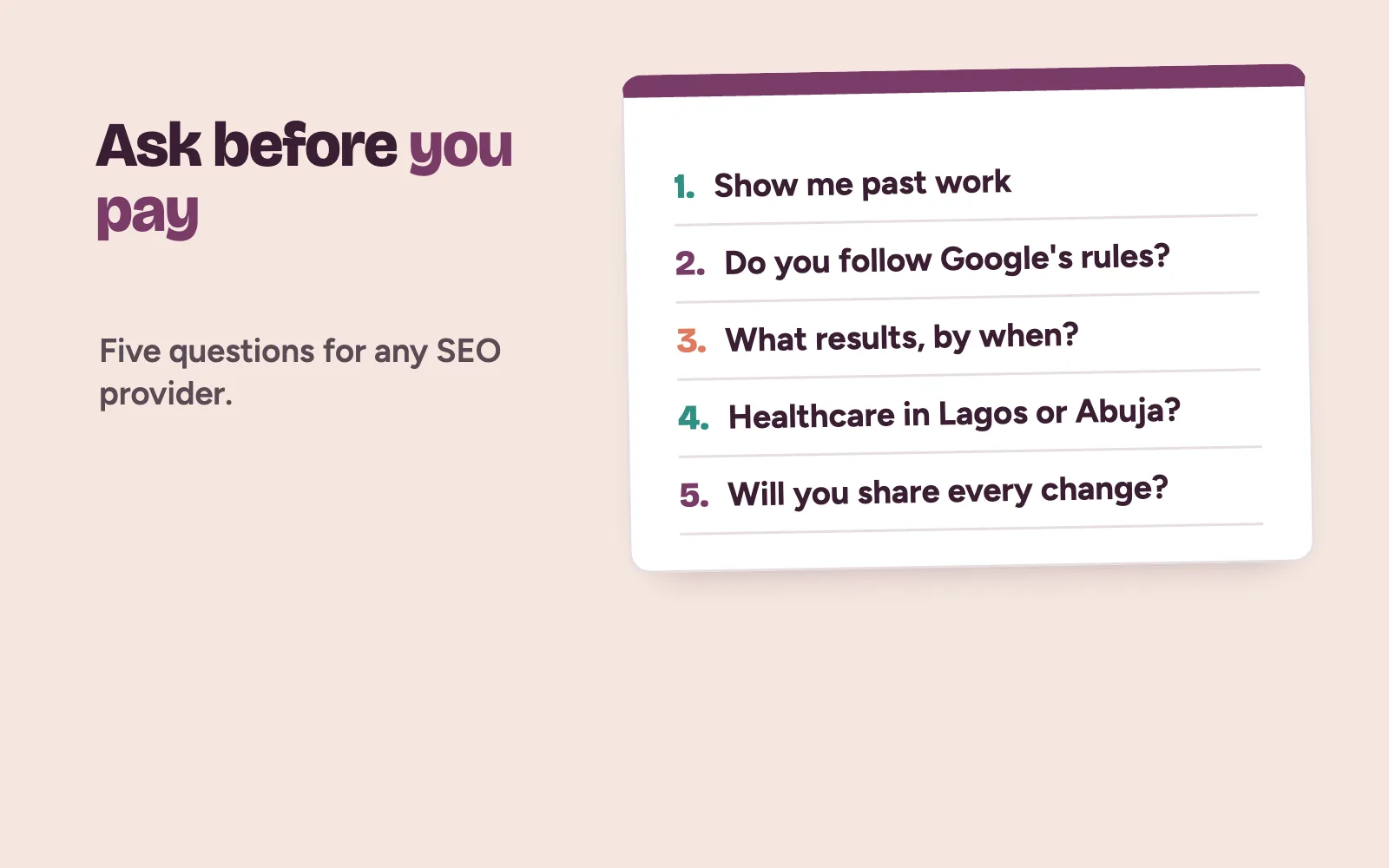 Notepad of questions a clinic owner asks an SEO provider before paying