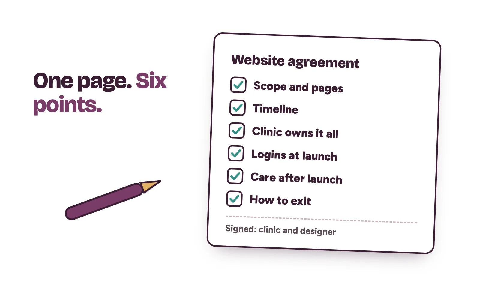 One-page website contract for a clinic: scope, timeline, ownership, handover, monthly care and exit