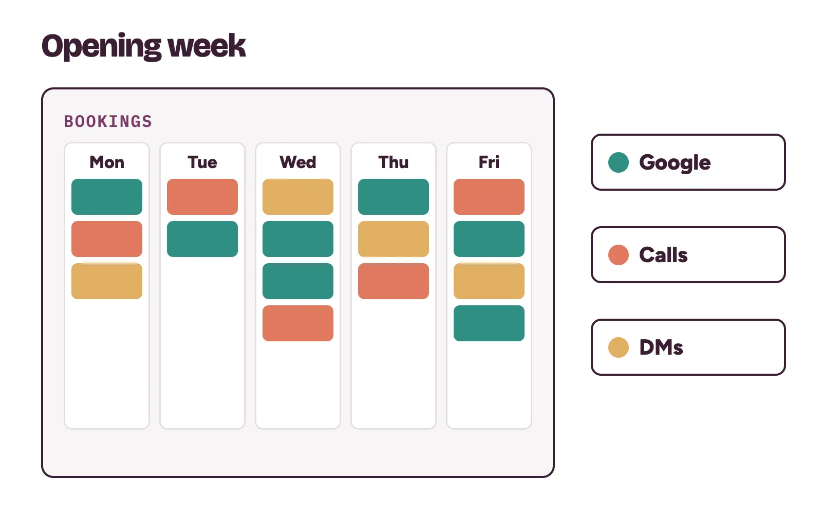 Opening week bookings for a new private hospital, with enquiries from Google, calls and DMs filling the week