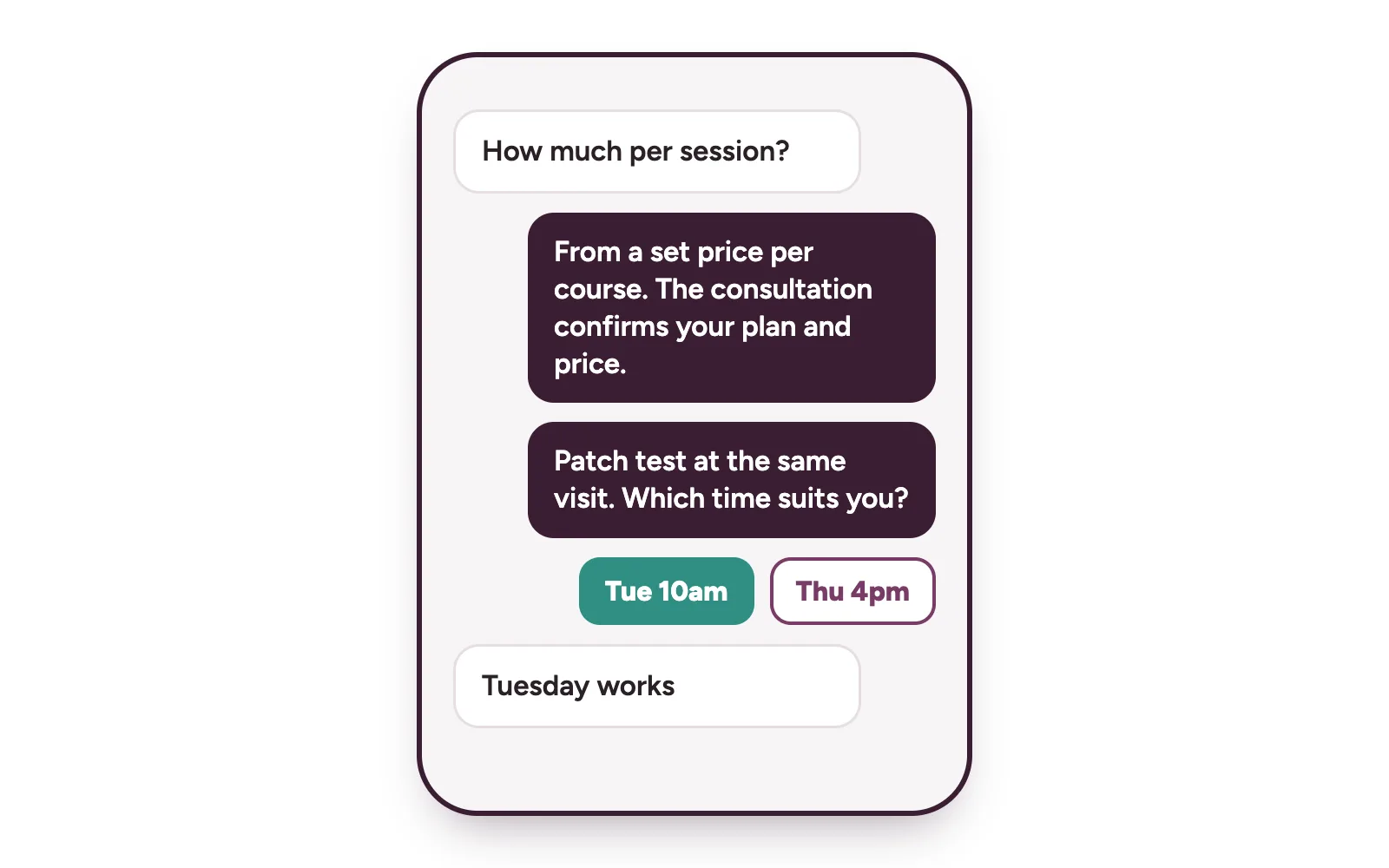 Phone chat where a laser hair removal price question becomes a booked consultation and patch test