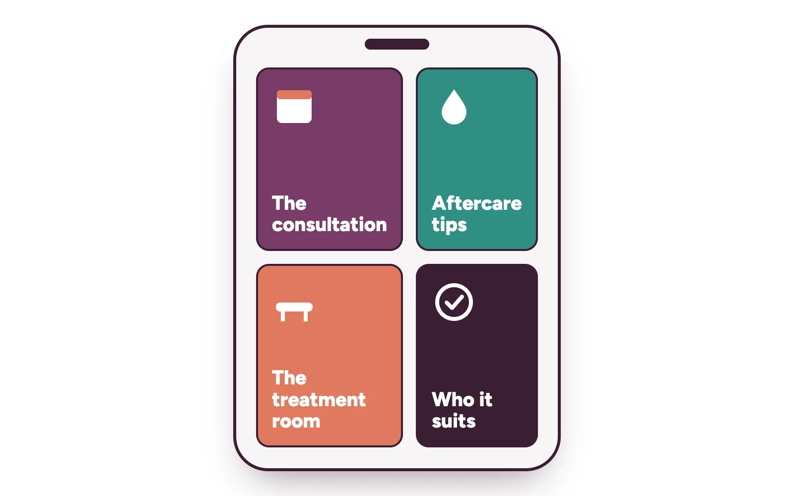 Phone feed with posts on the consultation, aftercare, the treatment room and who a treatment suits