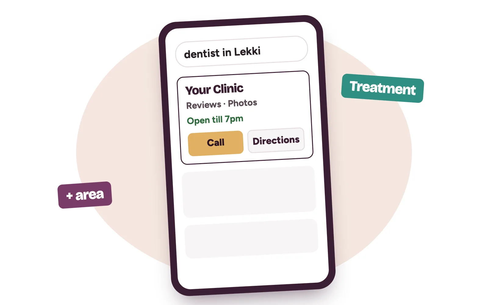Phone search for a dentist in Lekki showing a nearby clinic result with reviews, hours and a call button