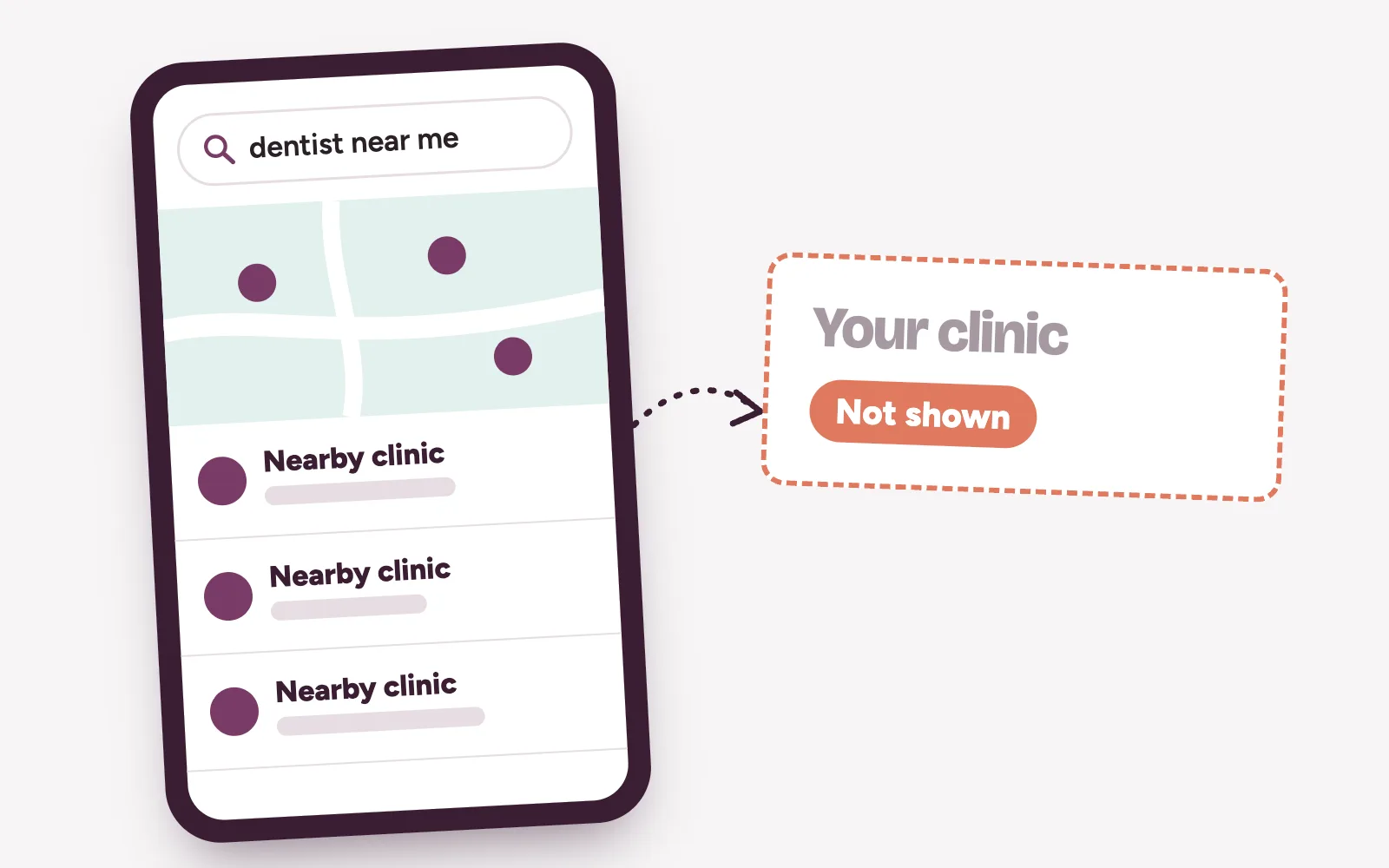 Phone showing a clinic near me search on Google Maps where one clinic’s Google Maps business listing is missing