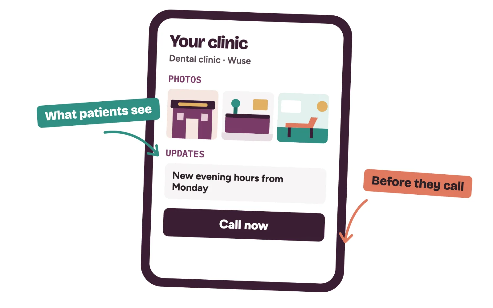 Phone showing a clinic's Google Business Profile posts and photos above the call button