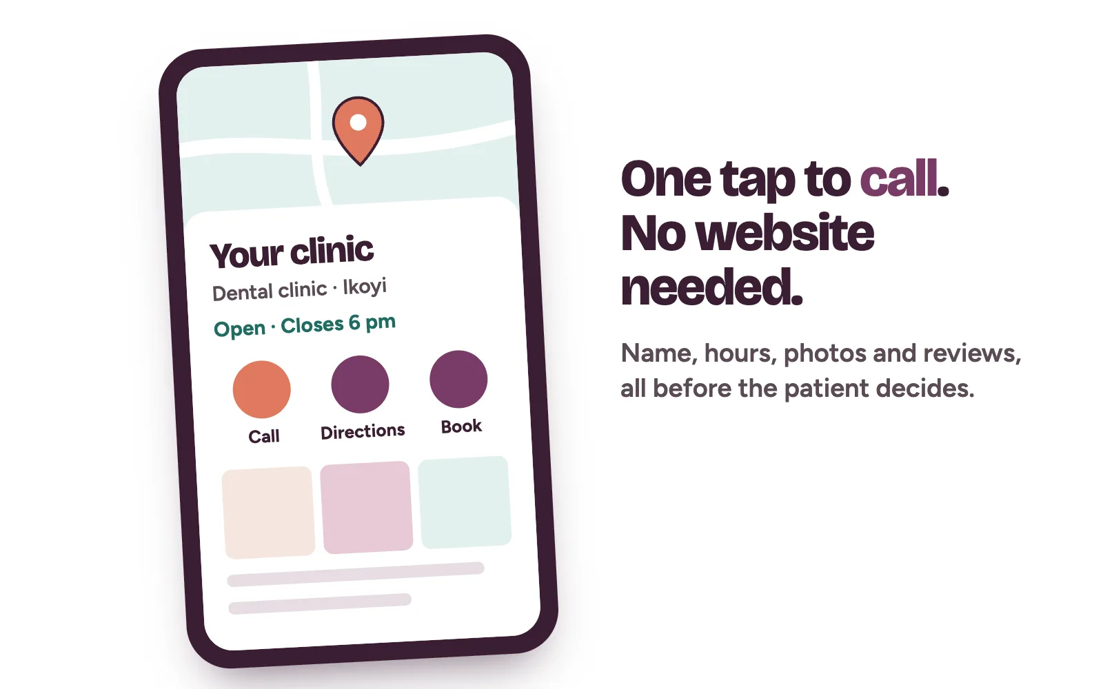 Phone showing a clinic’s Google Business Profile with call, directions and book buttons, hours and reviews