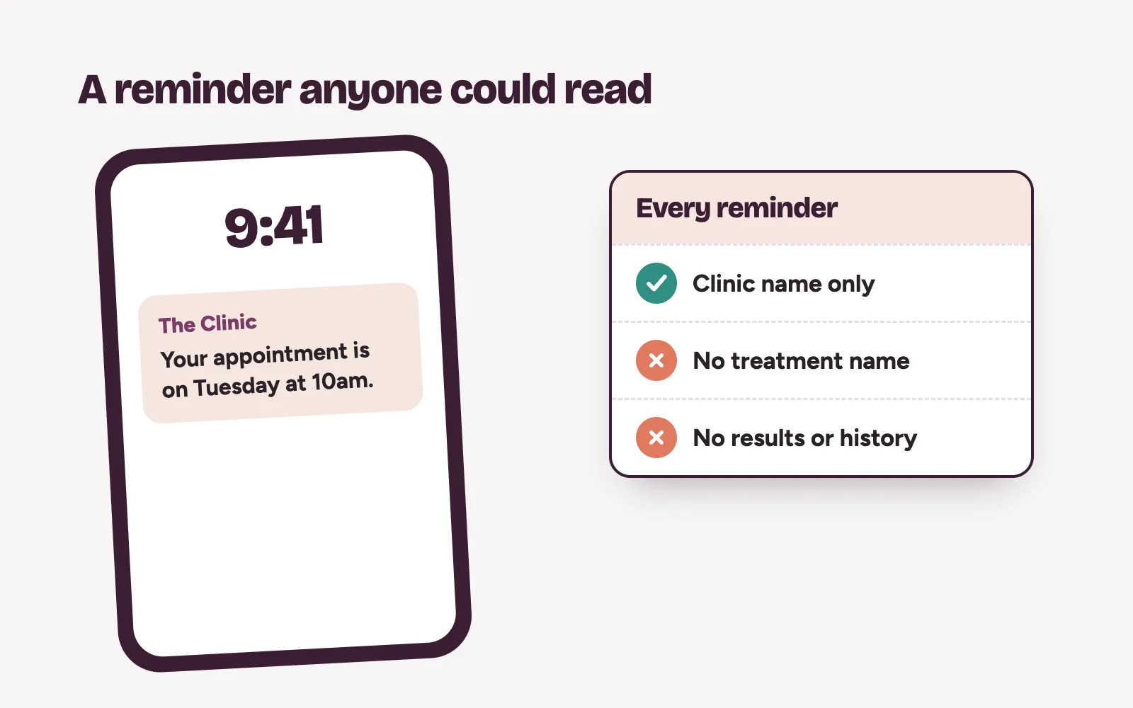 Phone showing a discreet appointment reminder from the clinic with no treatment name