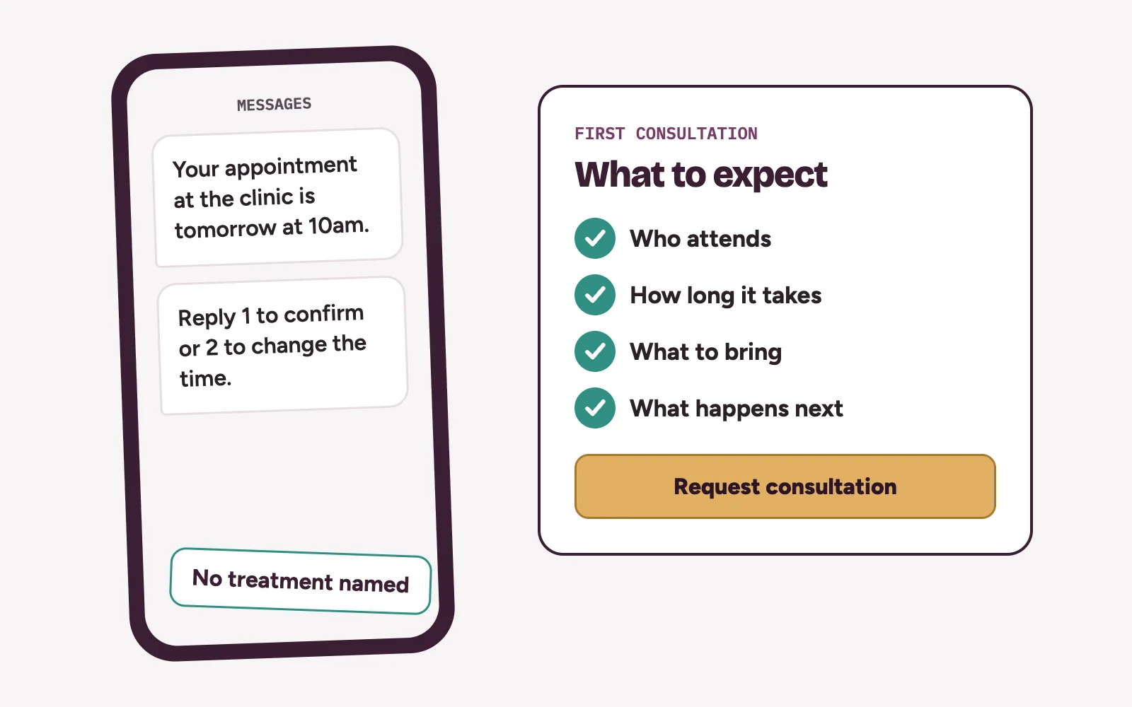 Phone showing a discreet appointment reminder with no treatment name beside a first consultation page listing what to bring