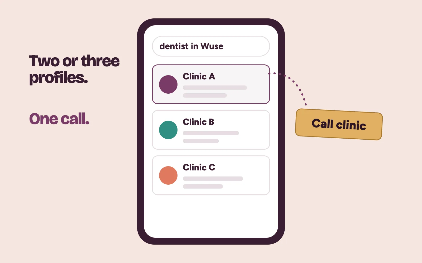 Phone showing a local search for a dentist in Wuse with three clinic result cards