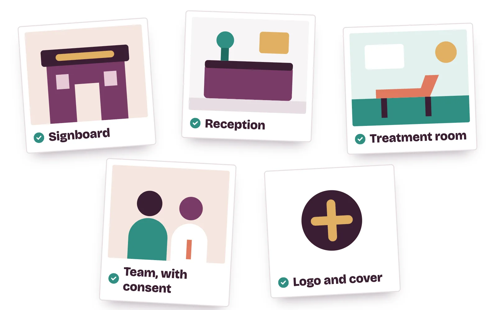 Photo checklist for a clinic: signboard, entrance, reception, treatment room and team