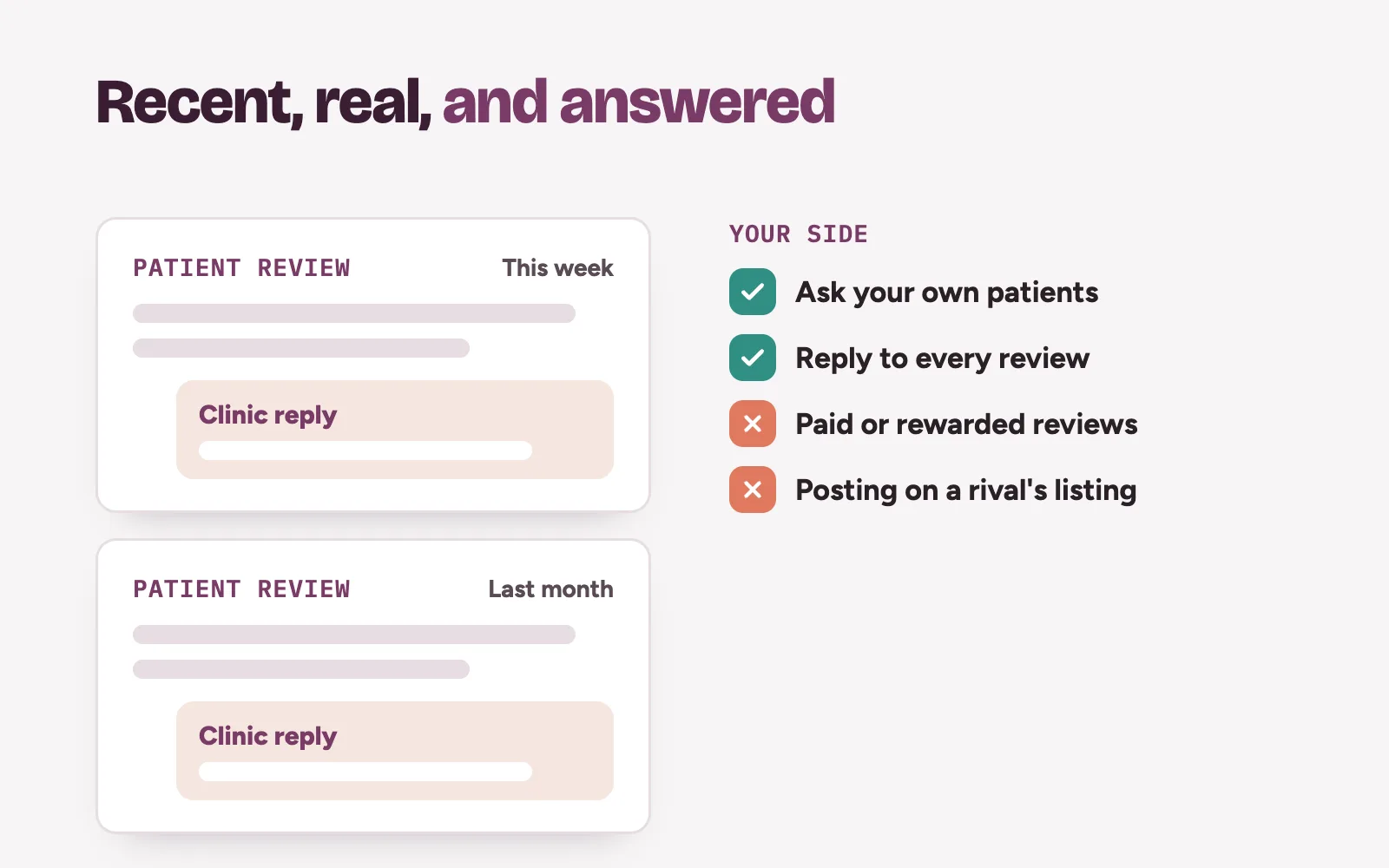 Plain patient review cards with recent dates and a clinic reply under each one