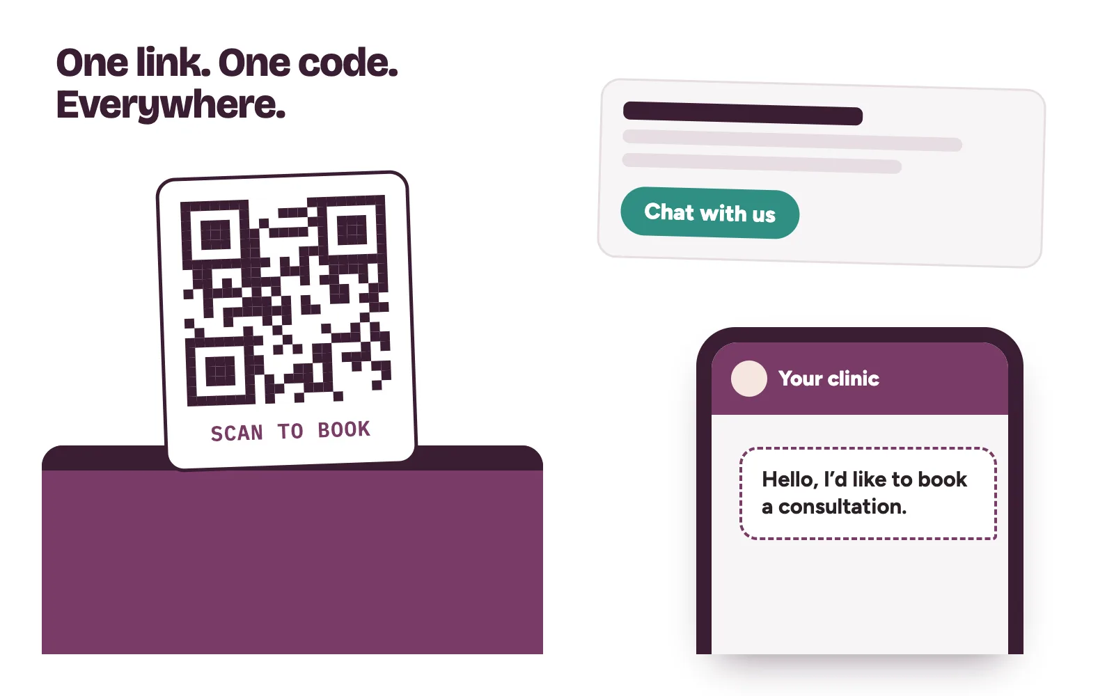 Printed clinic QR code at reception and a short link on a website button, both opening a chat with a booking message ready