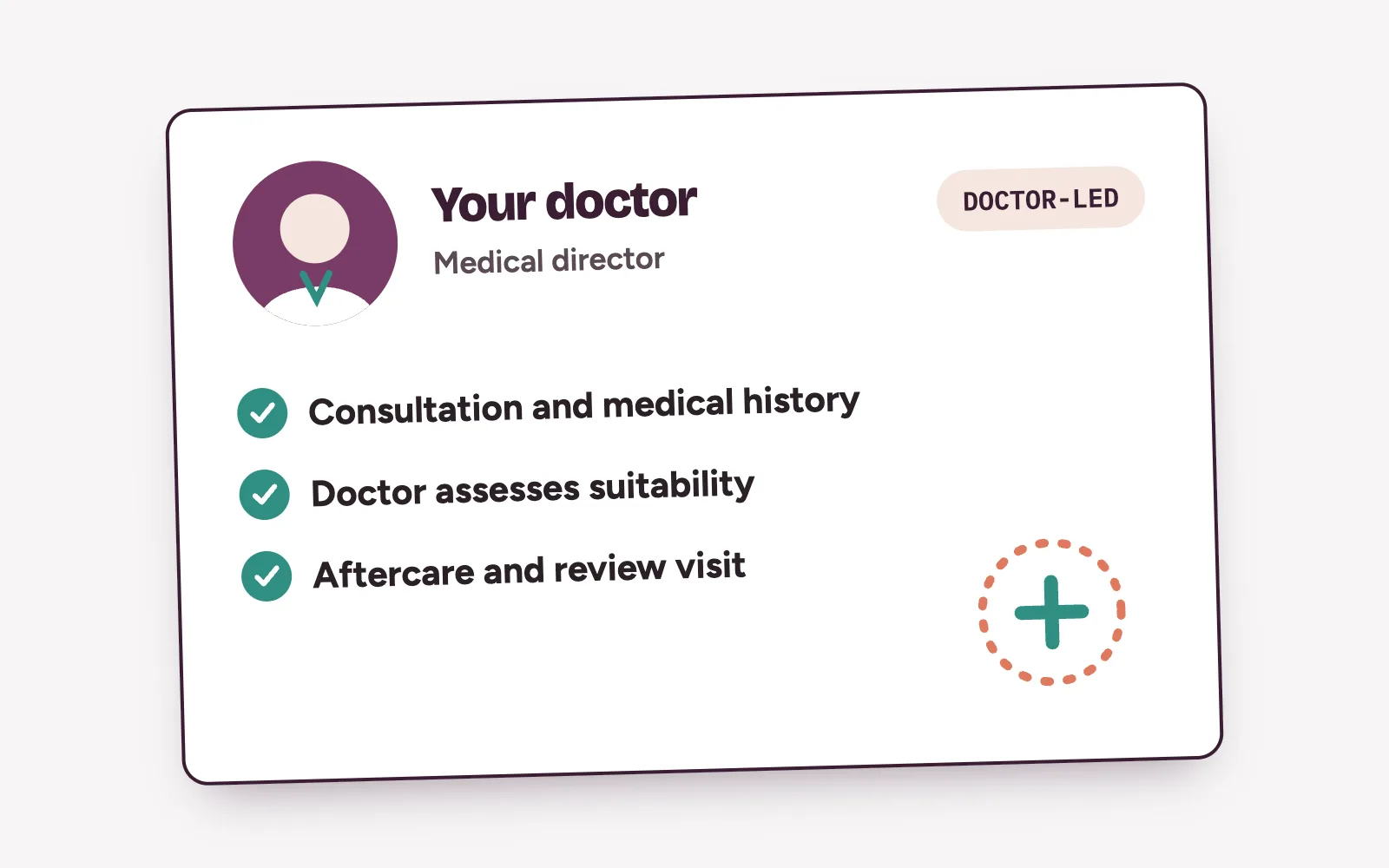 Profile card for a doctor-led aesthetic clinic listing consultation, medical history and aftercare