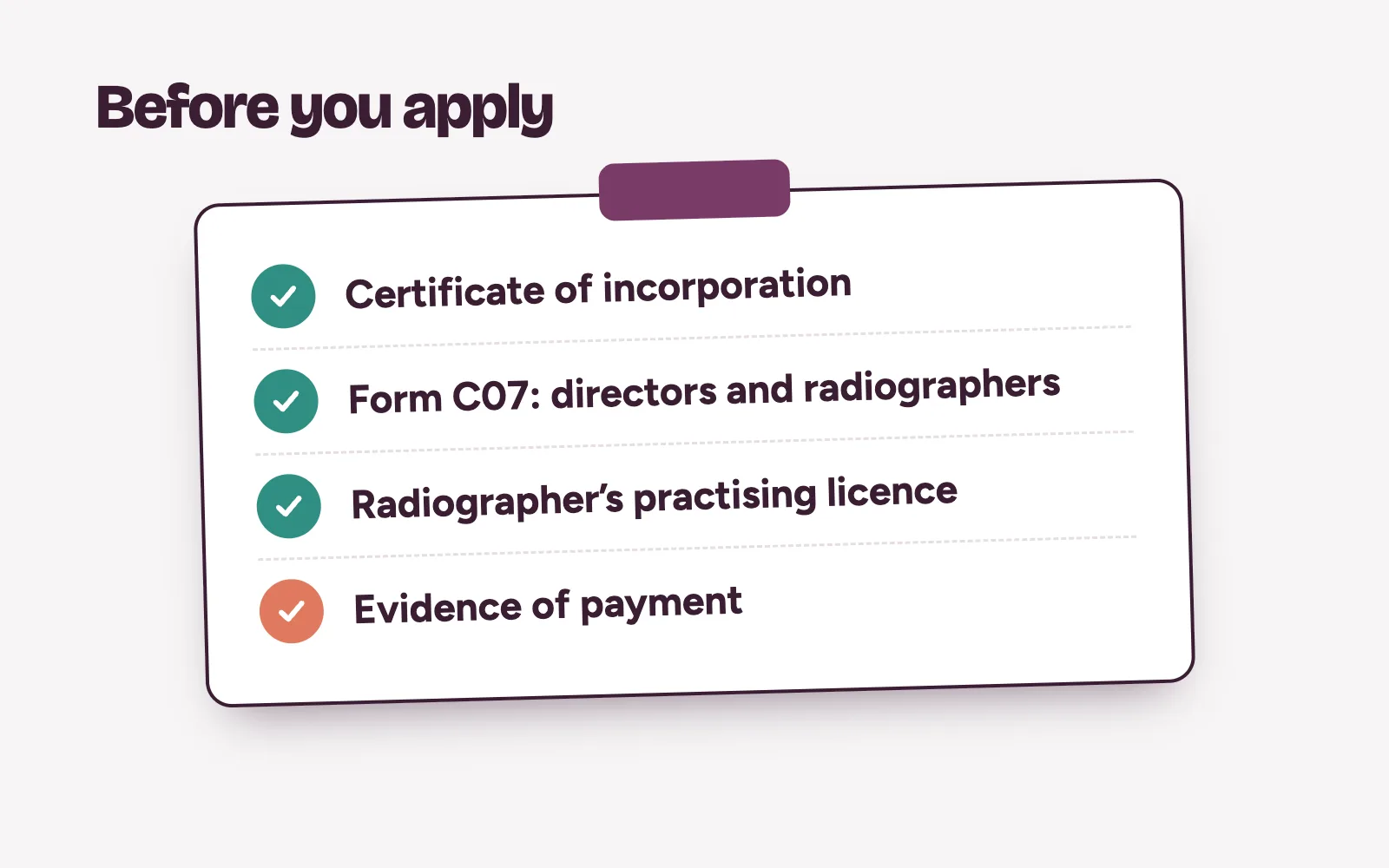 Radiographers Registration Board of Nigeria practice permit checklist with incorporation certificate, Form C07, radiographer licence and payment ticked off